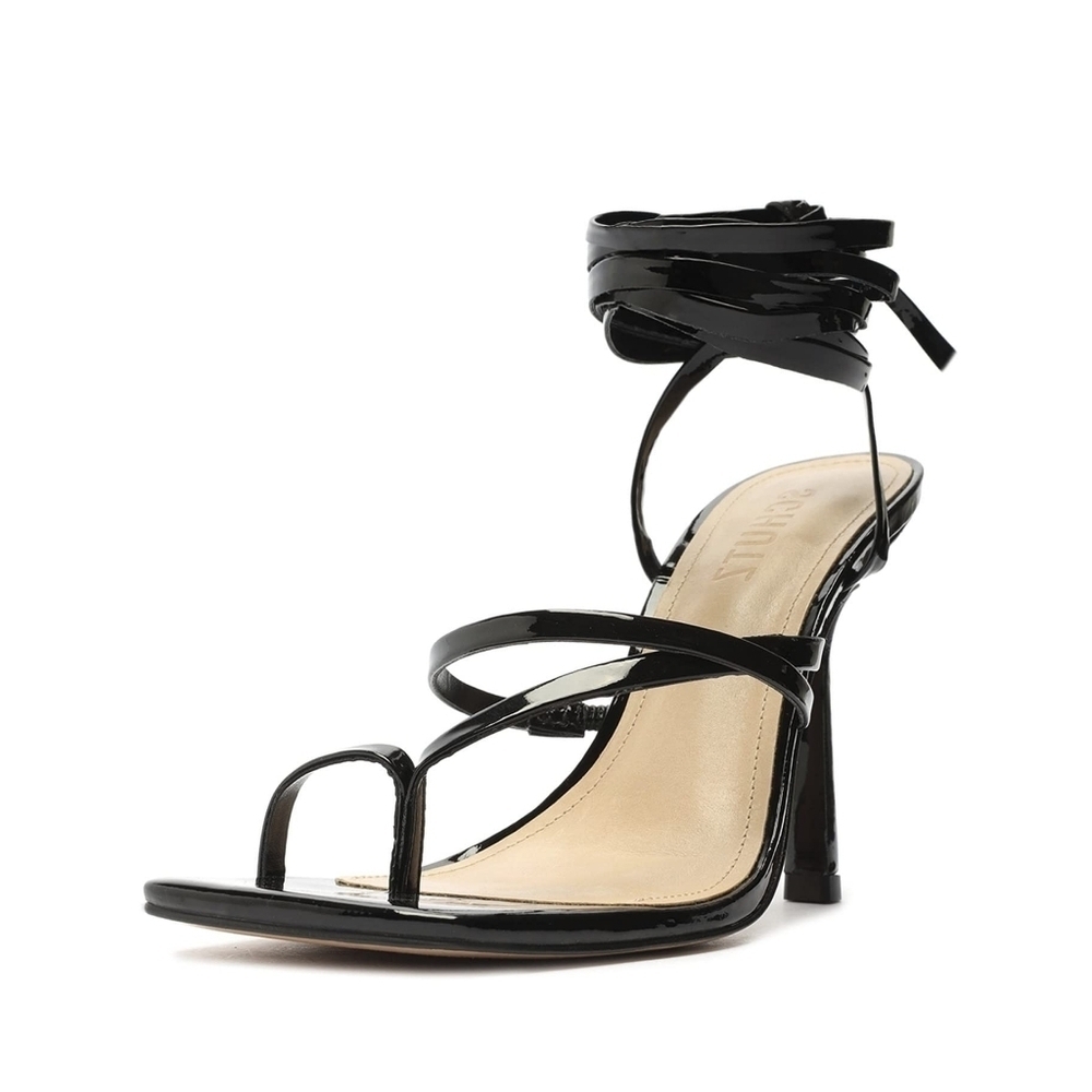 SCHUTZ New Lily Black Paten Leather Lace Up Stiletto Sandals Square Toe Size 10B